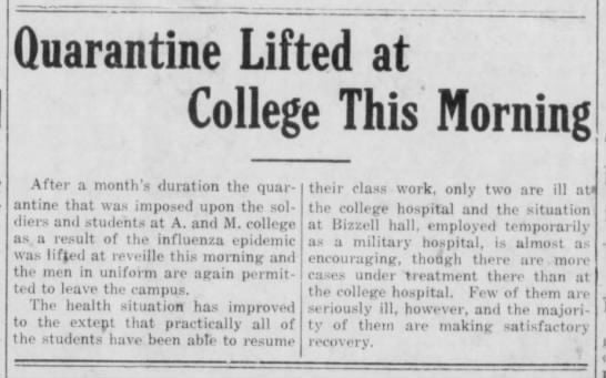 A&M quarantine lifted The Eagle Oct. 26, 1918.jfif